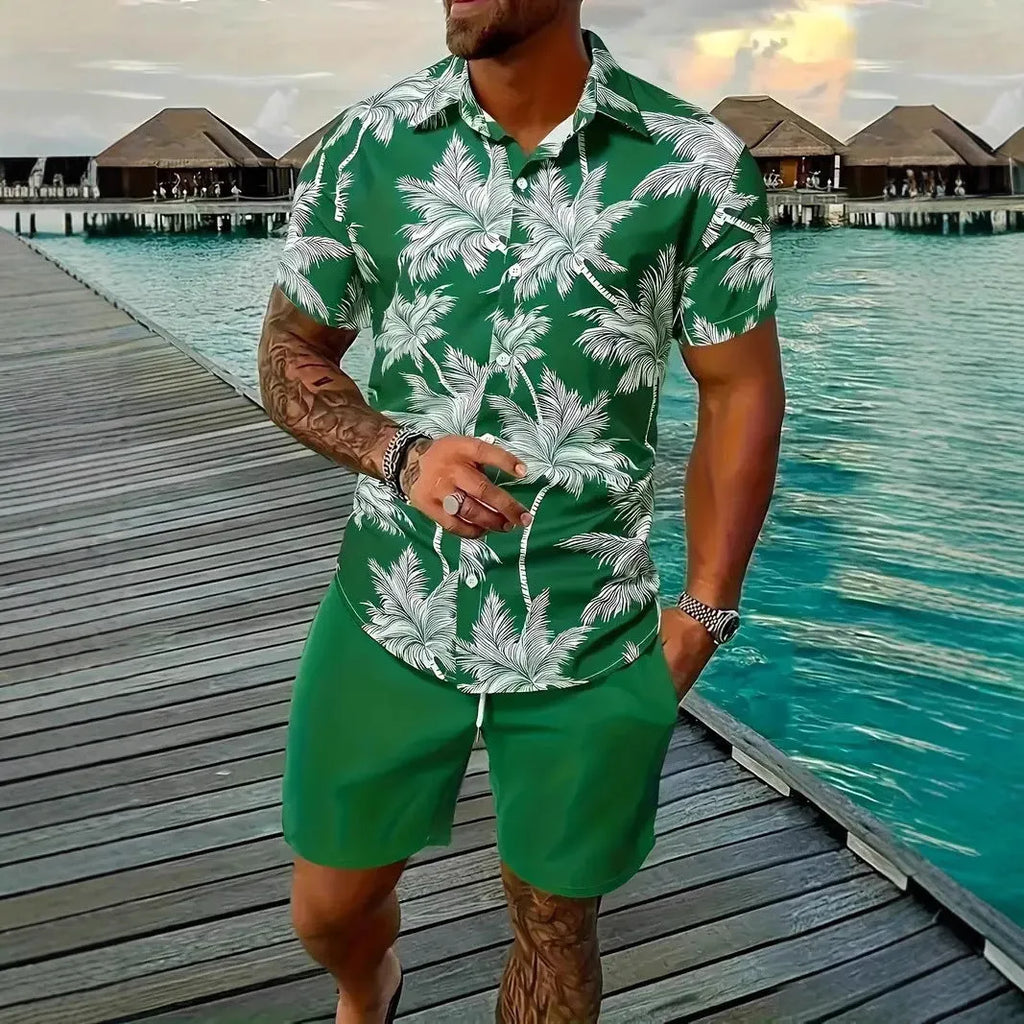 Man wearing a short sleeve Hawaiian print shirt and matching shorts, a casual polyester suit set.