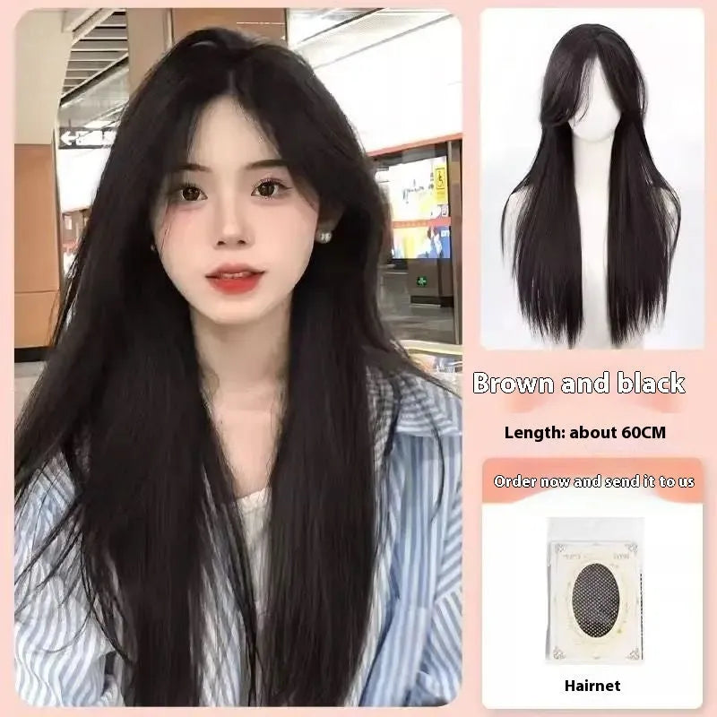 Full-head forehead lace synthetic wig in mid-length straight dark brown style for dress up.