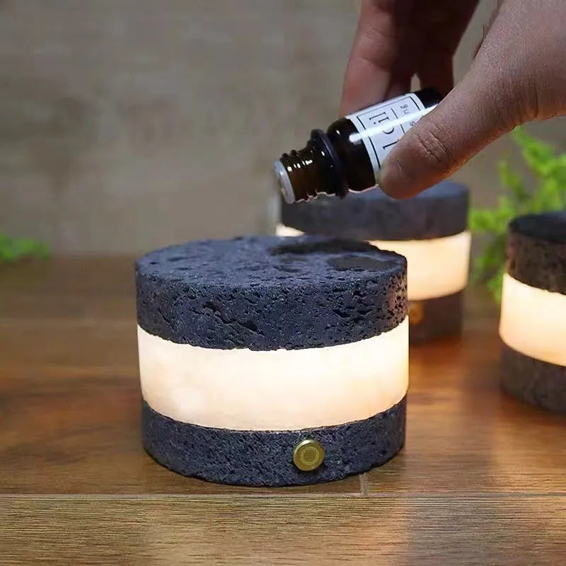Volcanic rock touch night lamp with USB charging port and essential oil diffuser component