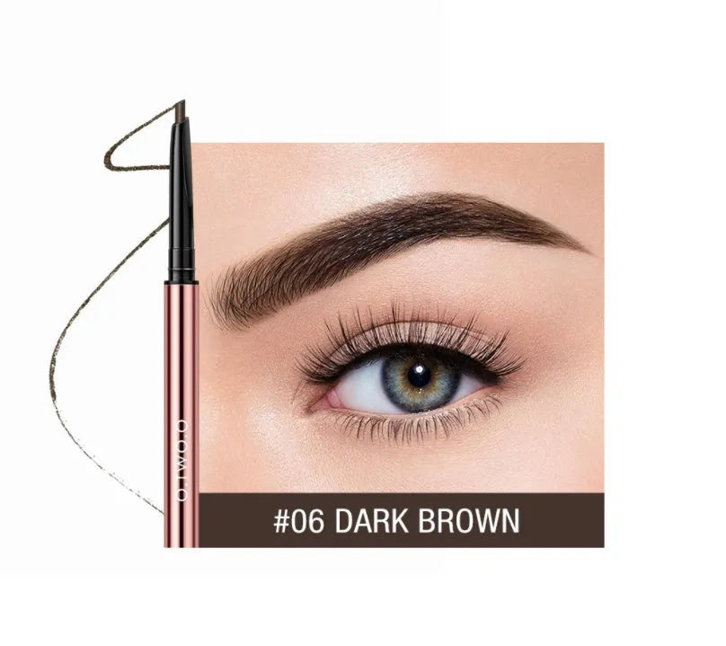 Square-shaped eyebrow pencil in colour box with Auburn, Blonde, Caramel, Dark Brown, Soft Brown, Taupe shade options.