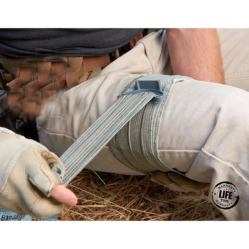 Tactical training hemostatic bandage showing portable gauze tape in multiple size options