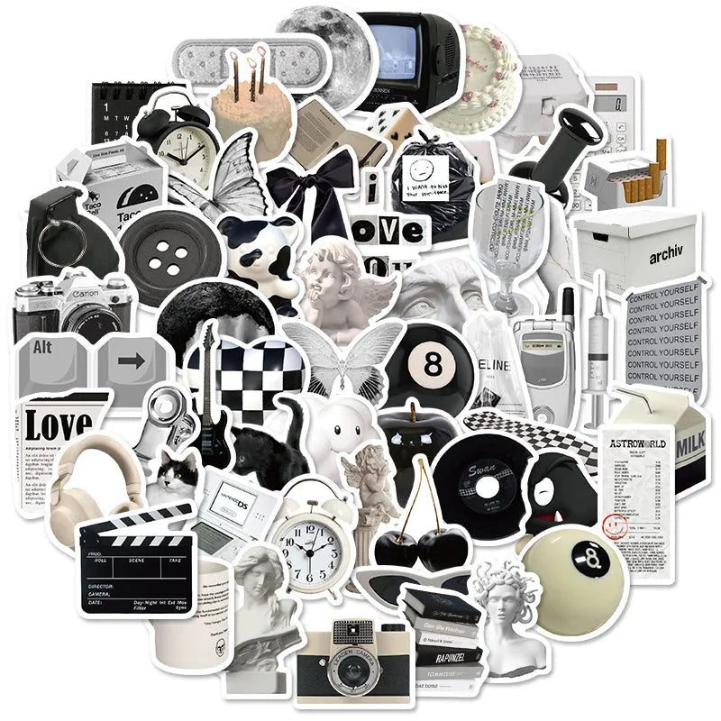 61-piece pack of black and white simple design PVC waterproof stickers for laptops and phones.