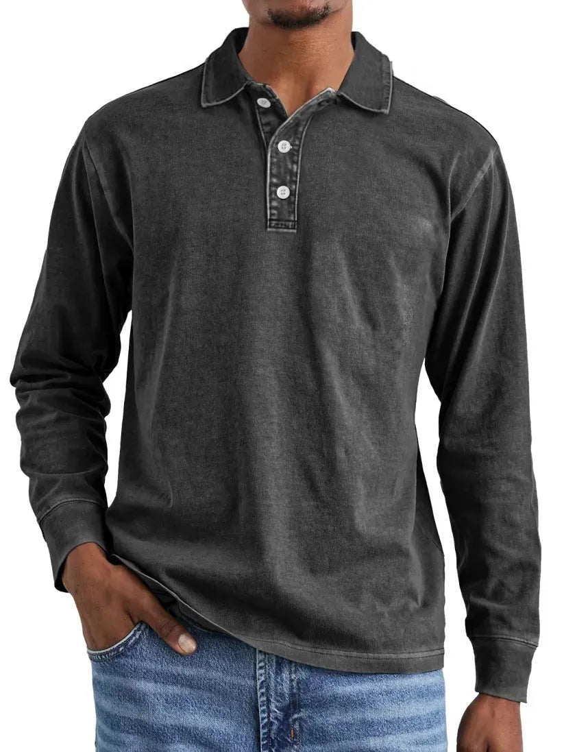 Retro washed pure cotton polo shirt with a distressed lapel and long sleeves on a hanger.