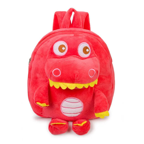 Blue baby dinosaur plush backpack with embroidered detail and a soft handle.