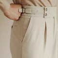 Men's slim fit straight leg suit trousers in black, white, or apricot colour.