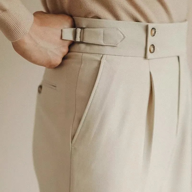 Men's slim fit straight leg suit trousers in black, white, or apricot colour.