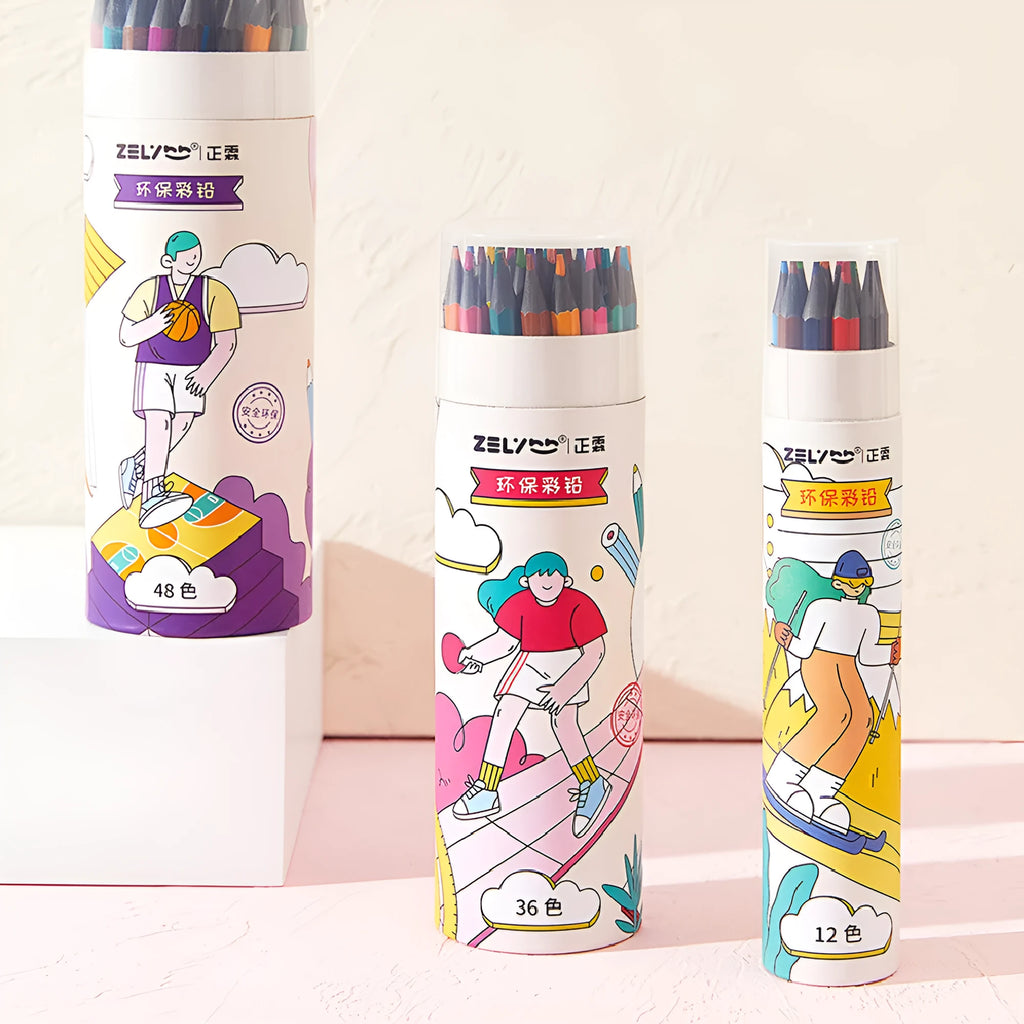 Zhenglin Sports Series colour pencils in paper barrel packaging showing multiple colour lead options