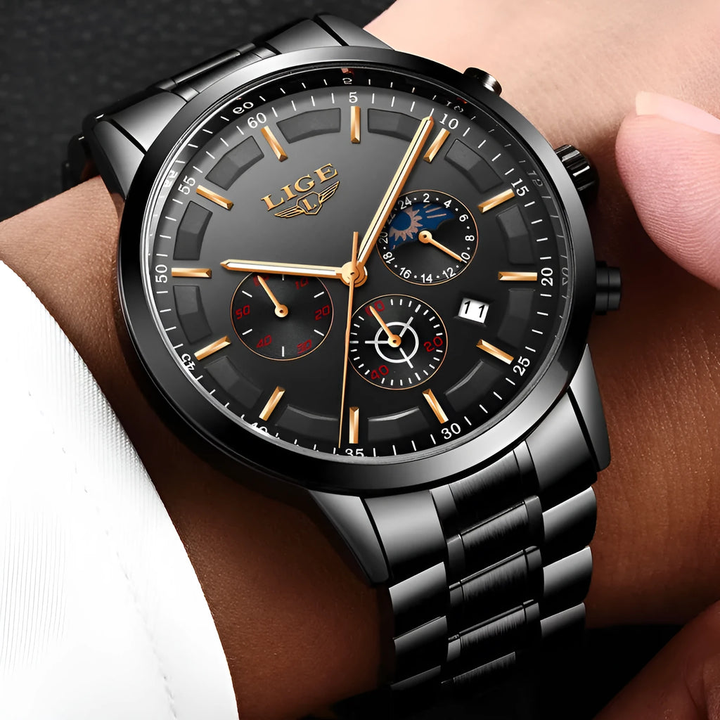 Men's black and rose red gold waterproof sports watch with quartz movement on wrist.