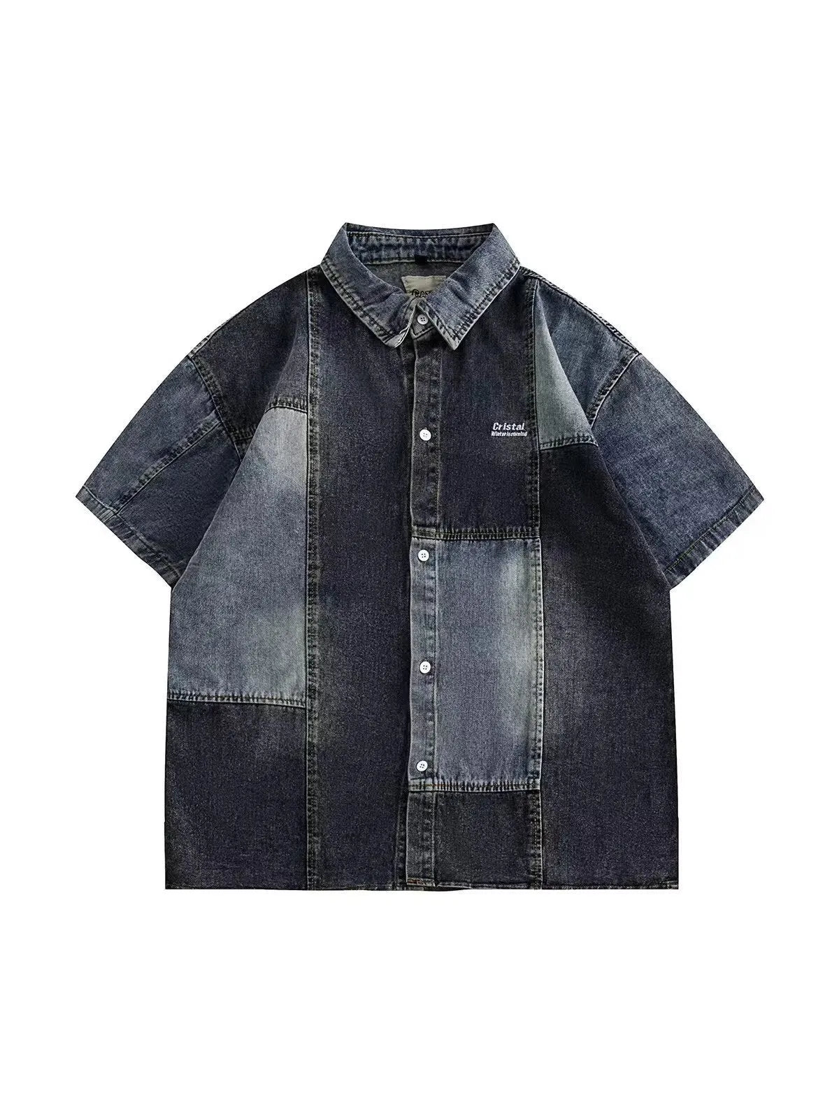 Blue Japanese-style loose-fit denim shirt for men with washed stitching detail.