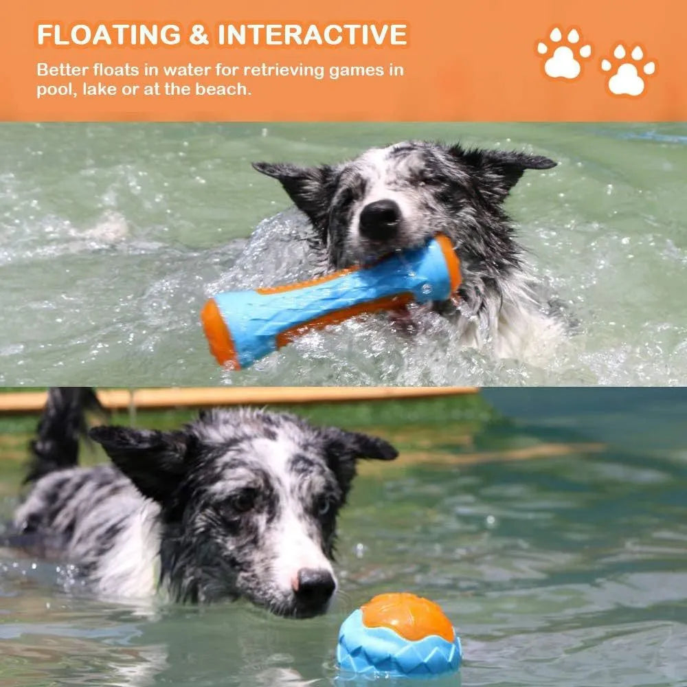 Set of three floating TPR dog toys: a squeaky ball, barbell, and tyre for water fetch.