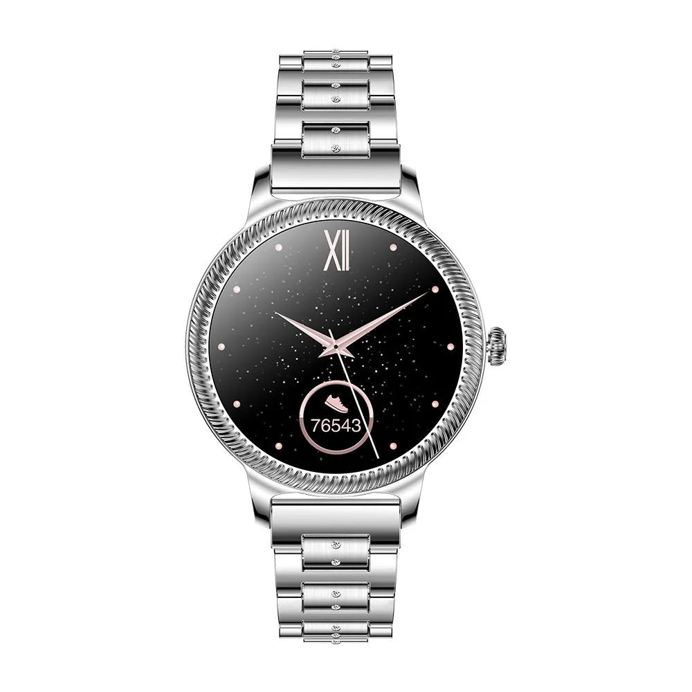 AK38 ladies smart watch with stainless steel strap and 1.09 inch colour touchscreen display