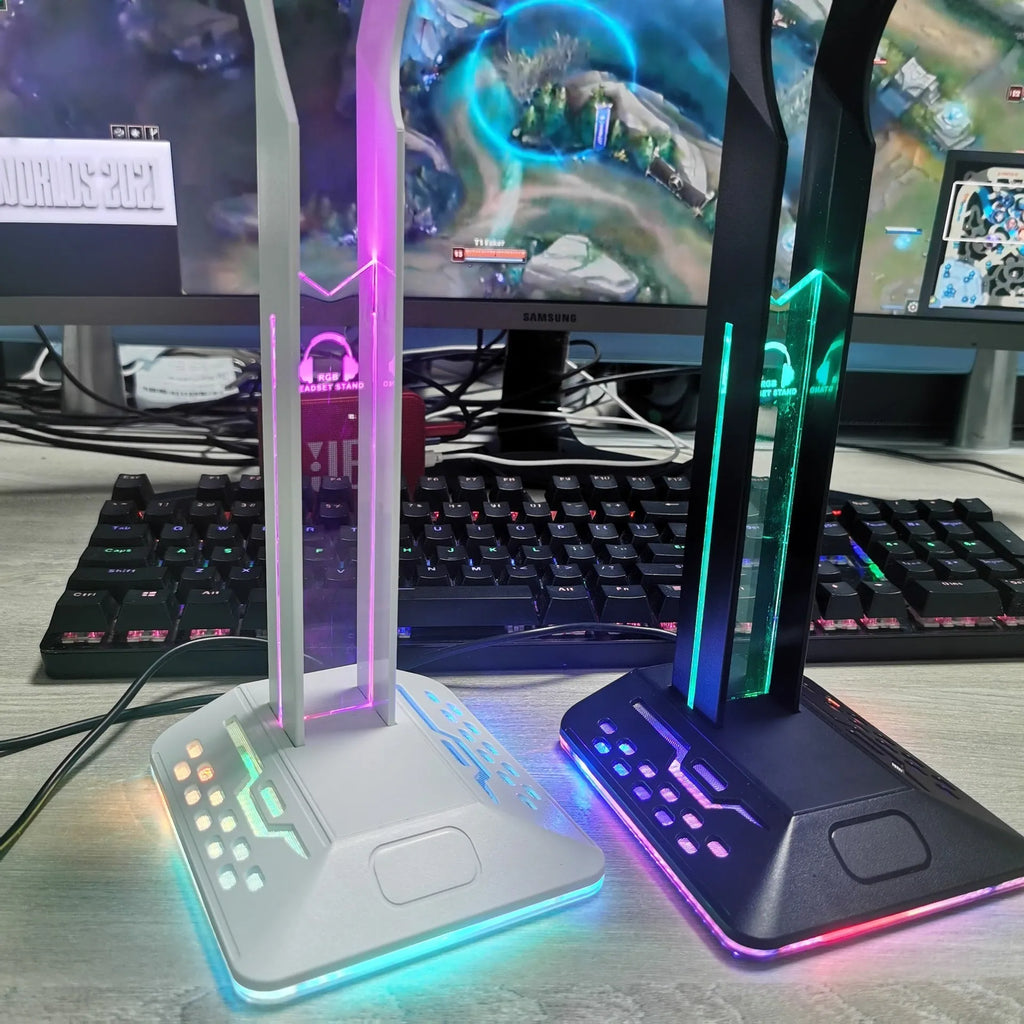 Headphone display rack with RGB lighting and dual USB ports in black acrylic design