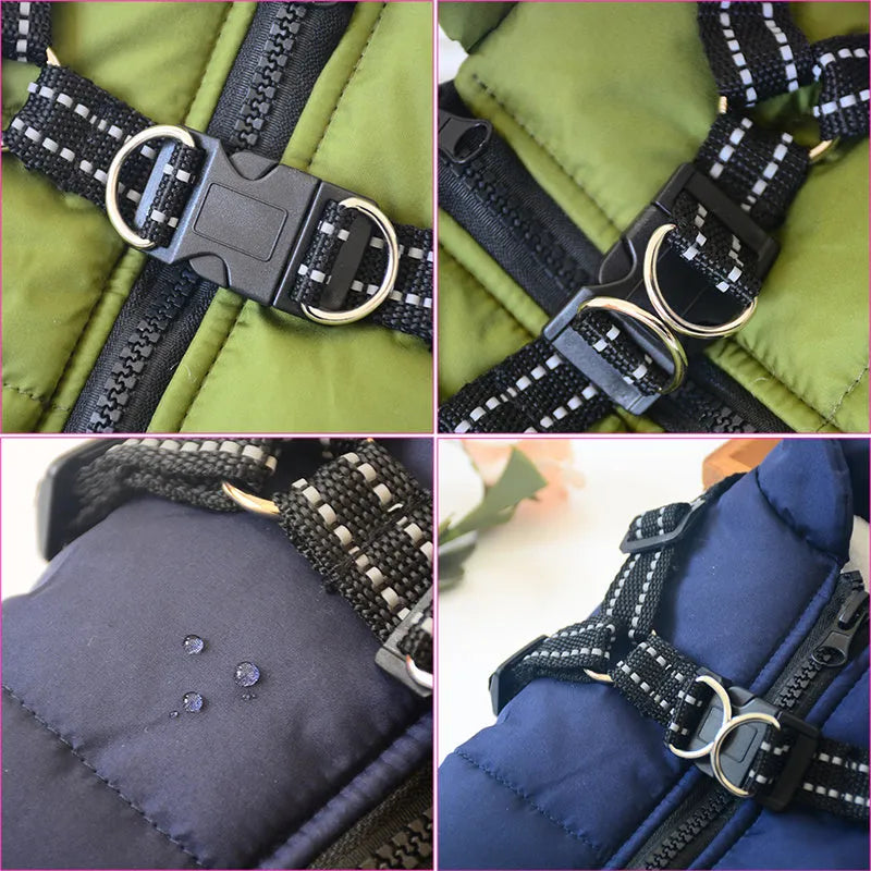 Waterproof dog coat with integrated harness in rain silk fabric available in red, navy blue, and army green colours