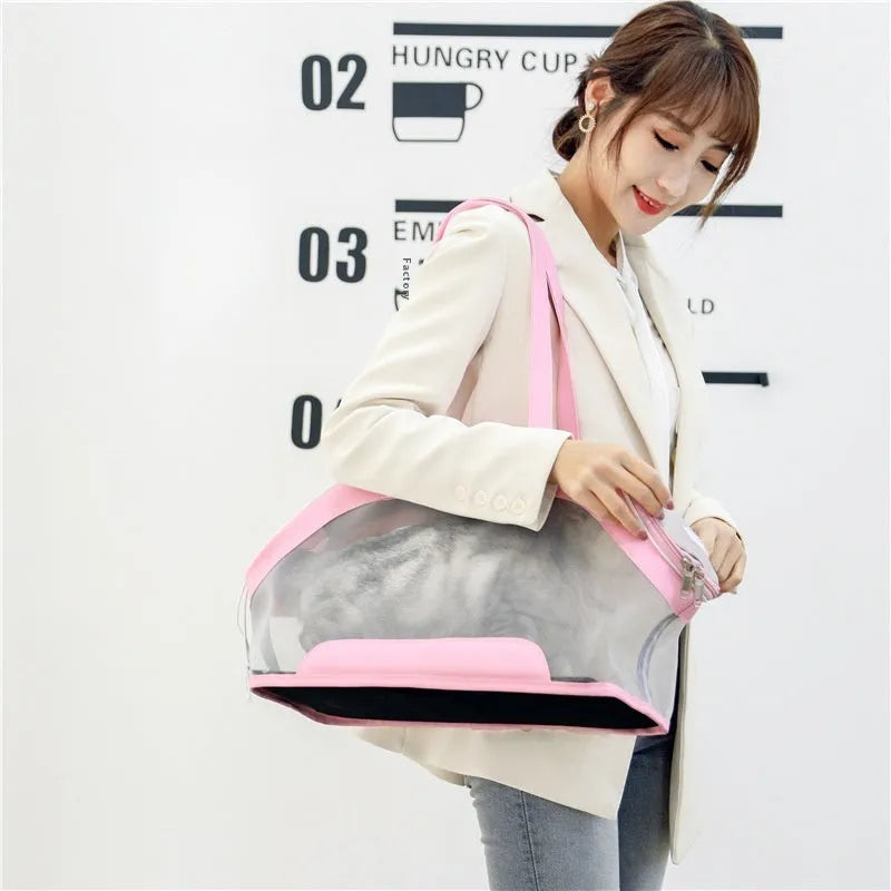 MOORPET leather cat carrier bag with handle, shown in a solid colour, for outdoor pet travel.