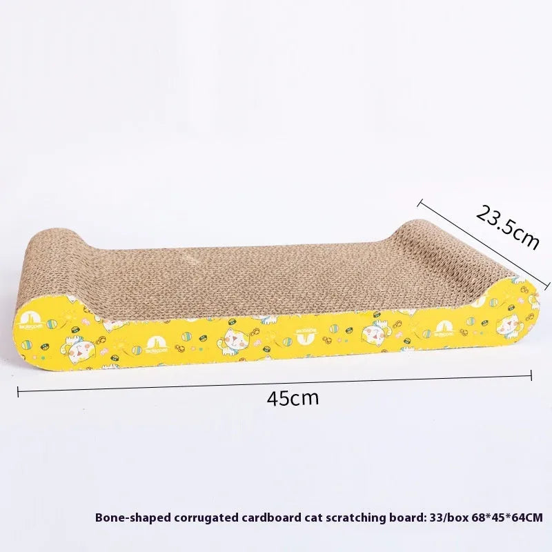 Corrugated paper cat scratch board with leather border in one of seven available styles.