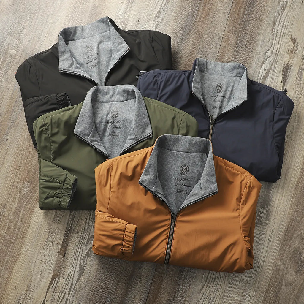 Men's stand collar simple jacket in a polyester blend fabric shown in Army Green colour.