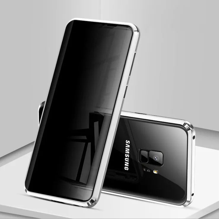 Black magnetic privacy phone case with clamshell design showing anti-peeping screen