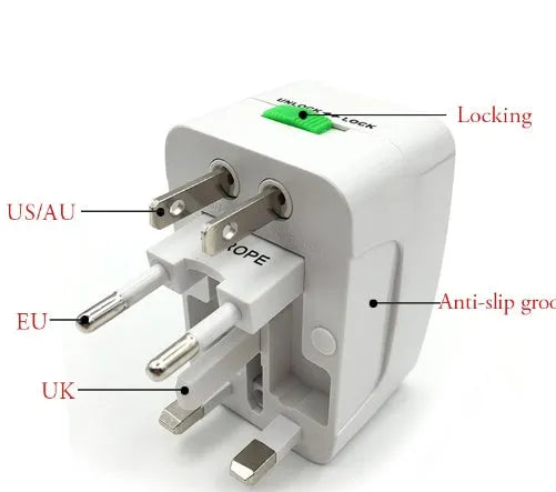 White universal travel plug adapter for Australian Type I sockets measuring 73mm