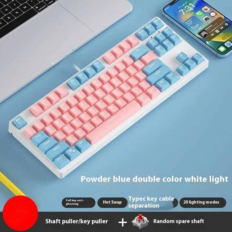 87-key wired mechanical gaming keyboard with hot-swappable switches shown in a two-tone colour scheme on a metal chassis.