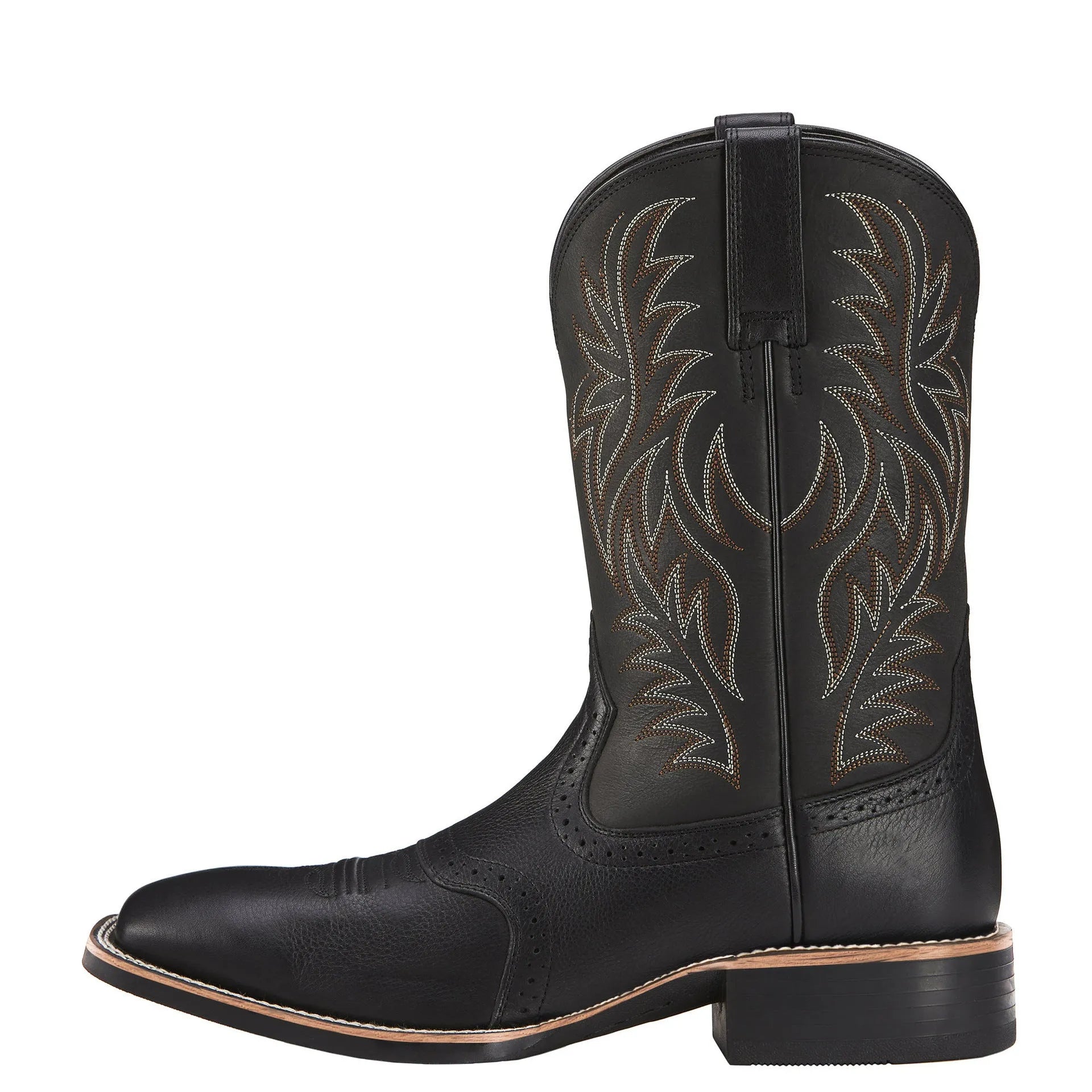 Black western cowboy boots with high embroidery stitching and square toe design