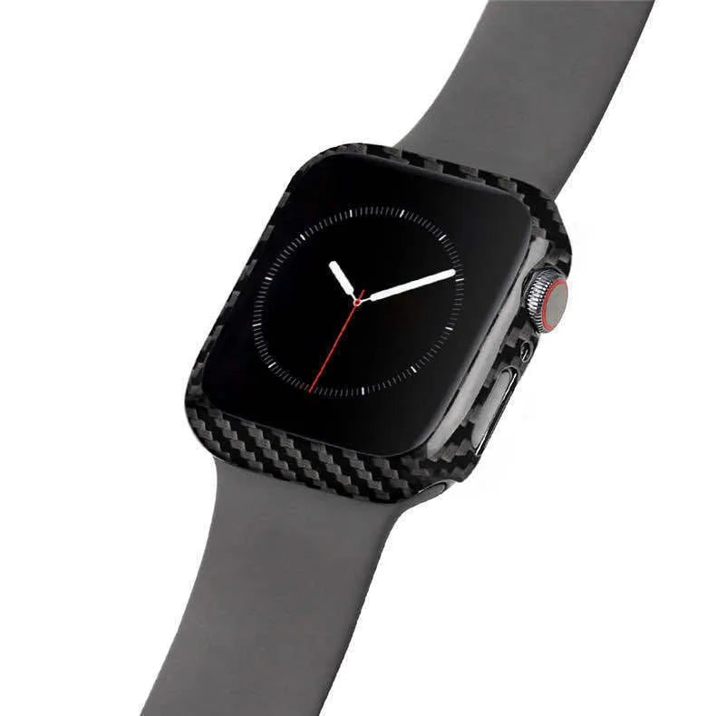 Apple Watch Series 4 carbon fibre half wrap leather case in 44mm size showing bright black and matt black colour options