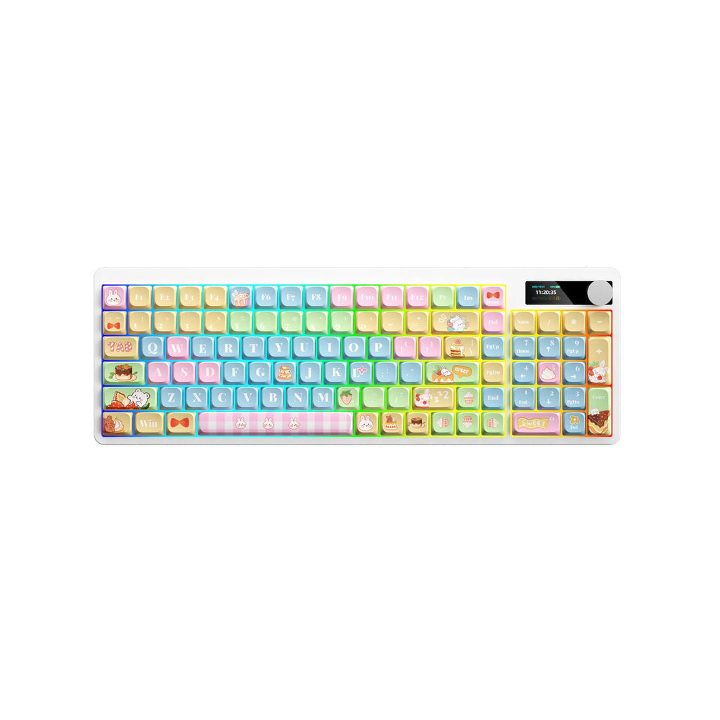 Black mechanical gaming keyboard with RGB backlighting and custom keycap designs