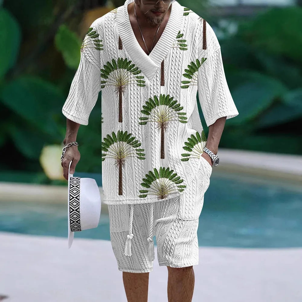 Loose casual short sleeve suit set in polyester fabric showing matching top and shorts