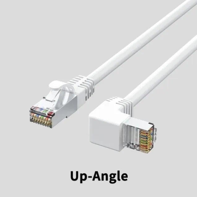 Right-angle Cat6 Ethernet cable with RJ45 connector in various colour options