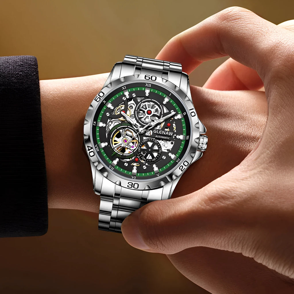 Men's double-sided hollow-out mechanical watch with luminous hands and stainless steel strap