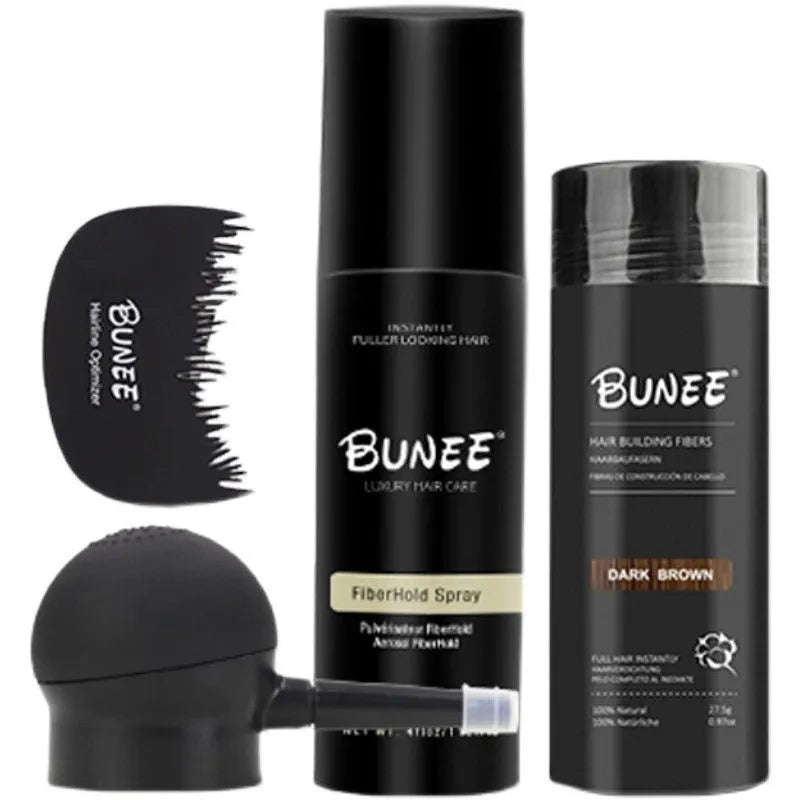 275g can of dense hair fibre powder with application nozzle and shaping spray bottle for thinning hair.