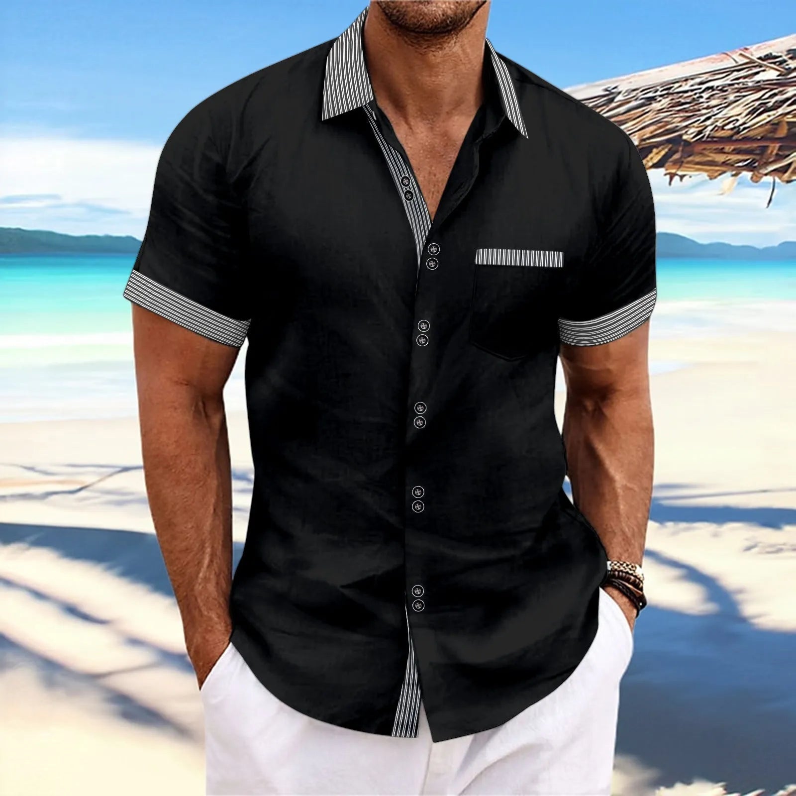 Pure cotton slim fit striped short sleeve casual shirt with double button front