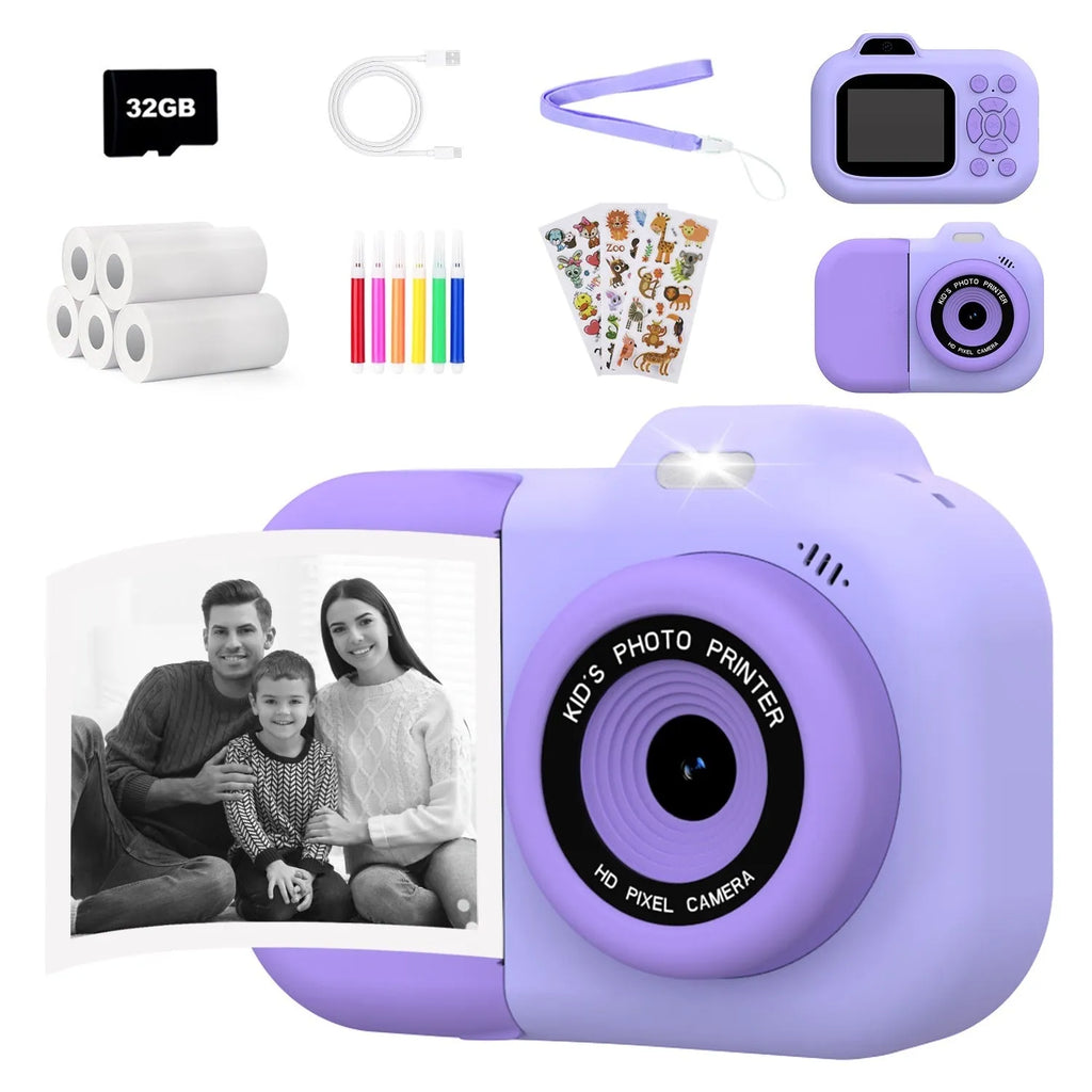 Children's plastic digital toy camera in pink, blue, or purple colour with screen, showing photo sticker function and games.