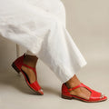 Red women's plus size summer sandals with square buckle and herringbone toe holder