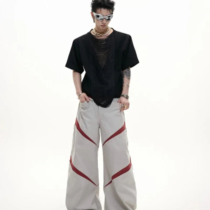 Men's loose black V-neck short sleeve T-shirt with tassel detail on hollow-out polyester fabric.