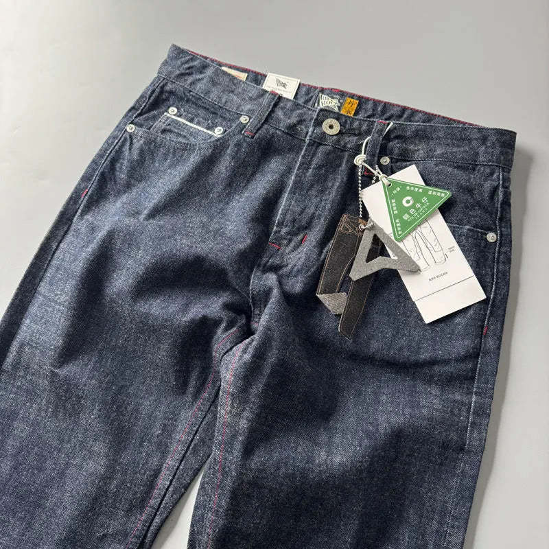 Men's straight-leg denim trousers in primary colour showing mid-waist design and traditional American retro styling