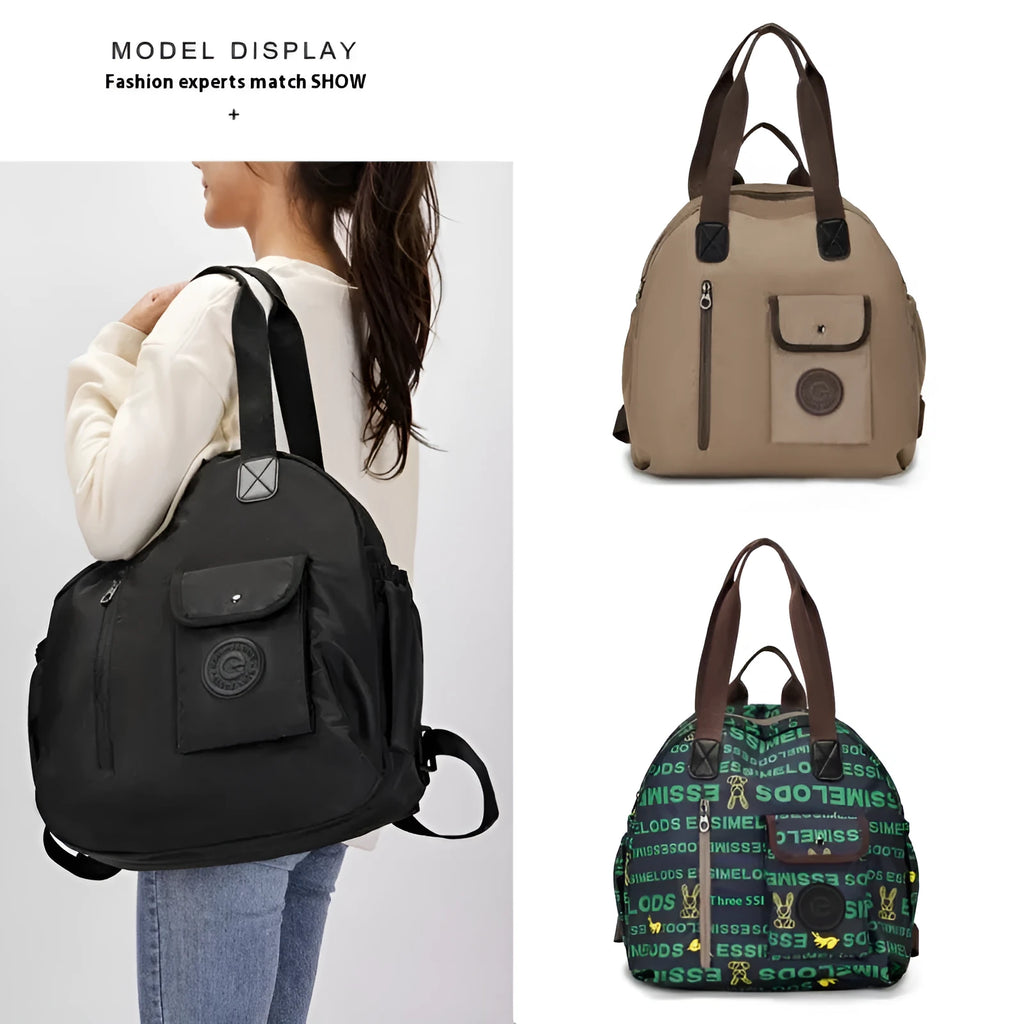 Outdoor backpack with sandwich pocket design in black, khaki, or green letters colours