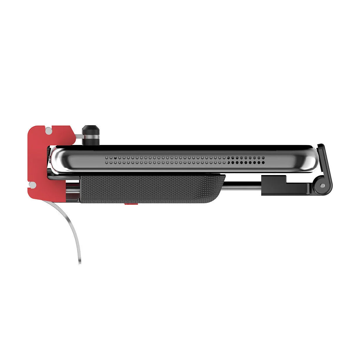 Black mobile phone gaming trigger bracket with adjustable sliding trigger and telescopic phone clip