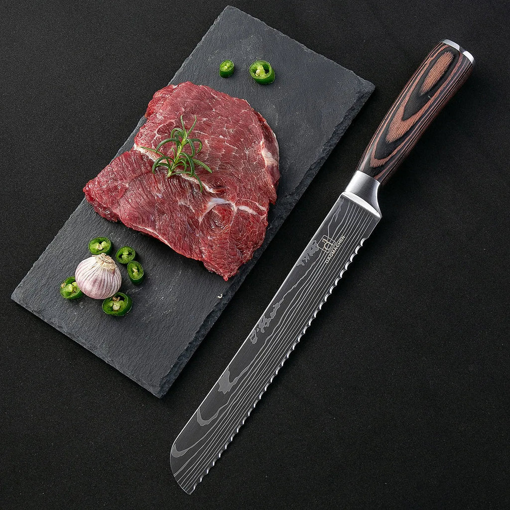 Kitchen chef knife with laser Damascus pattern on 7CR17 stainless steel blade and colour steel handle