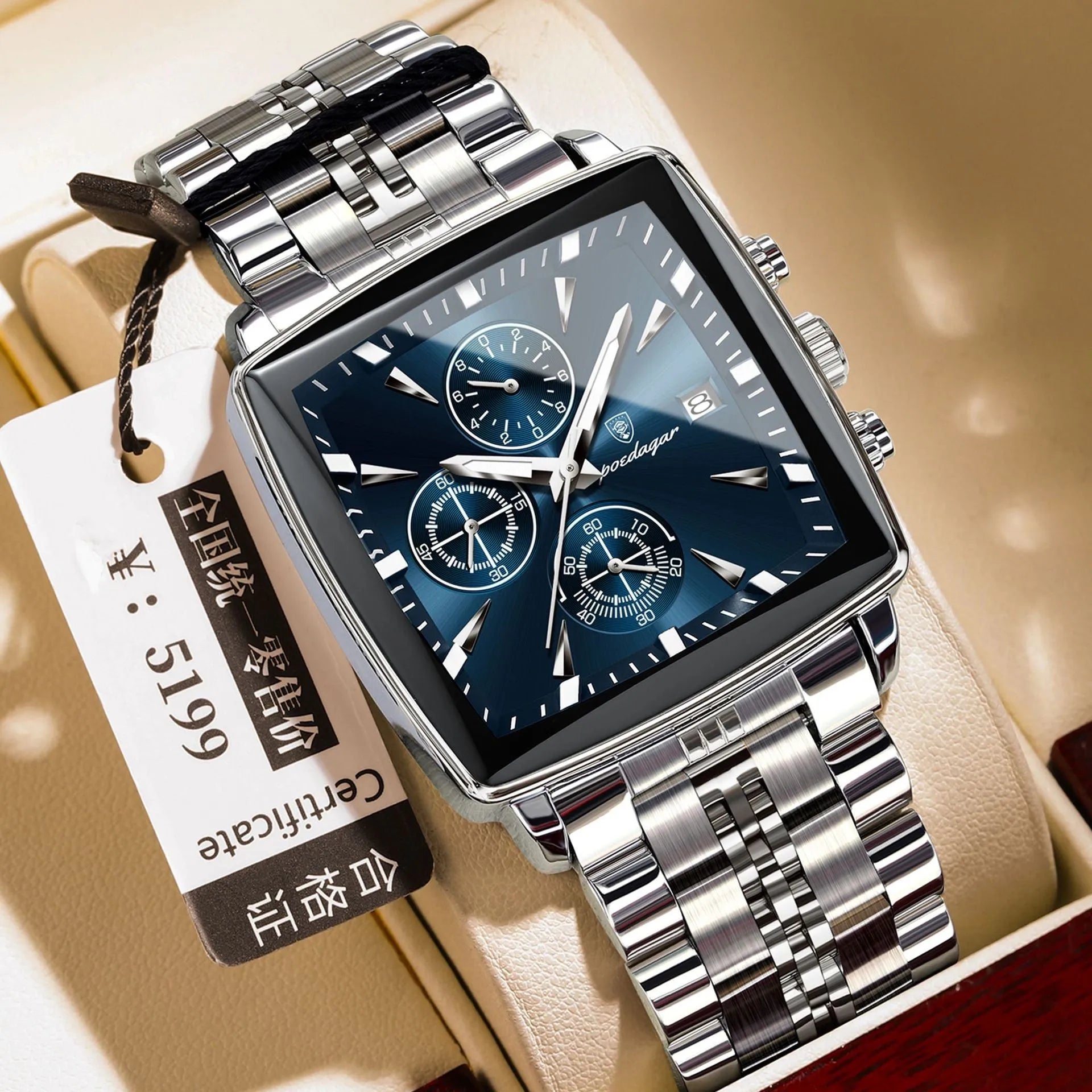 Square men's business quartz watch with stainless steel strap and butterfly buckle