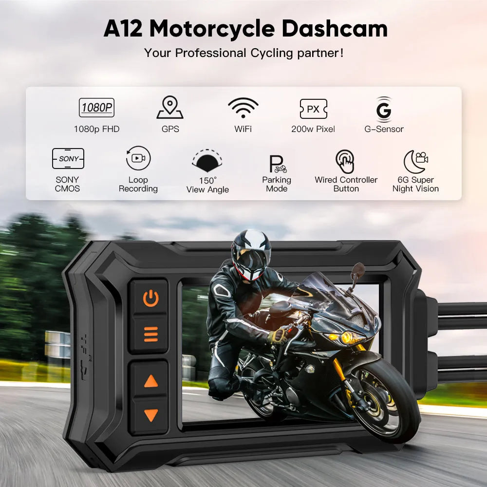 Motorcycle dash cam with dual lenses and GPS module for front and rear recording