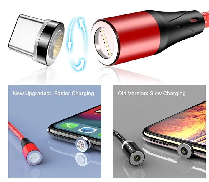 Magnetic USB fast charge and data cable for iPhone and Android phones in black, red, or silver.