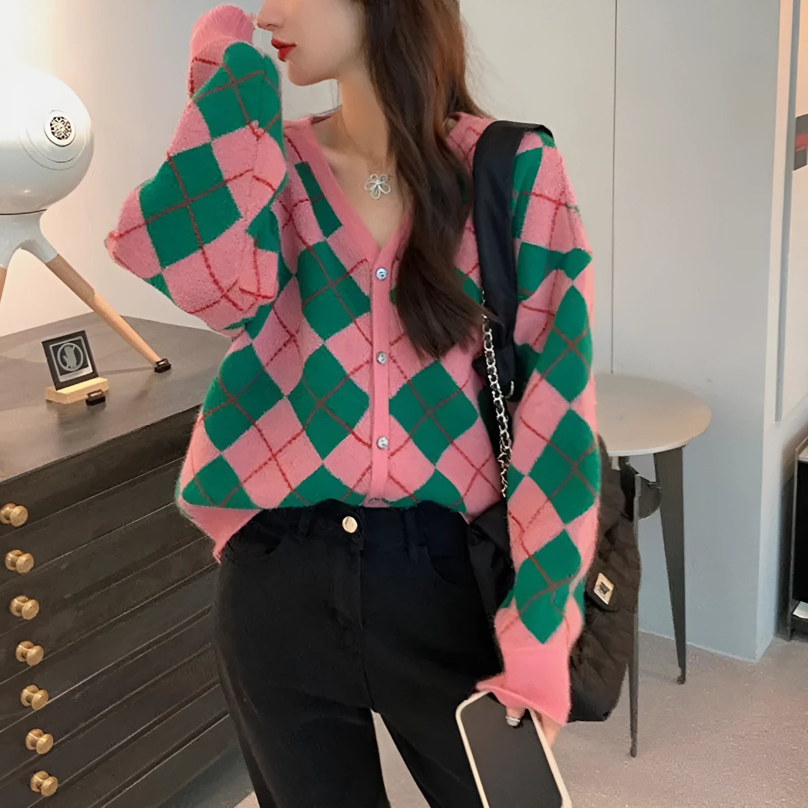 Knitted casual cardigan coat in acrylic fabric showing pink, green, black, dark khaki and light khaki colour options