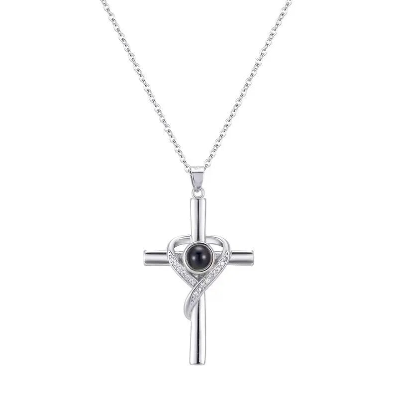 'I Love You' projection necklace pendant in copper with heart and cross design