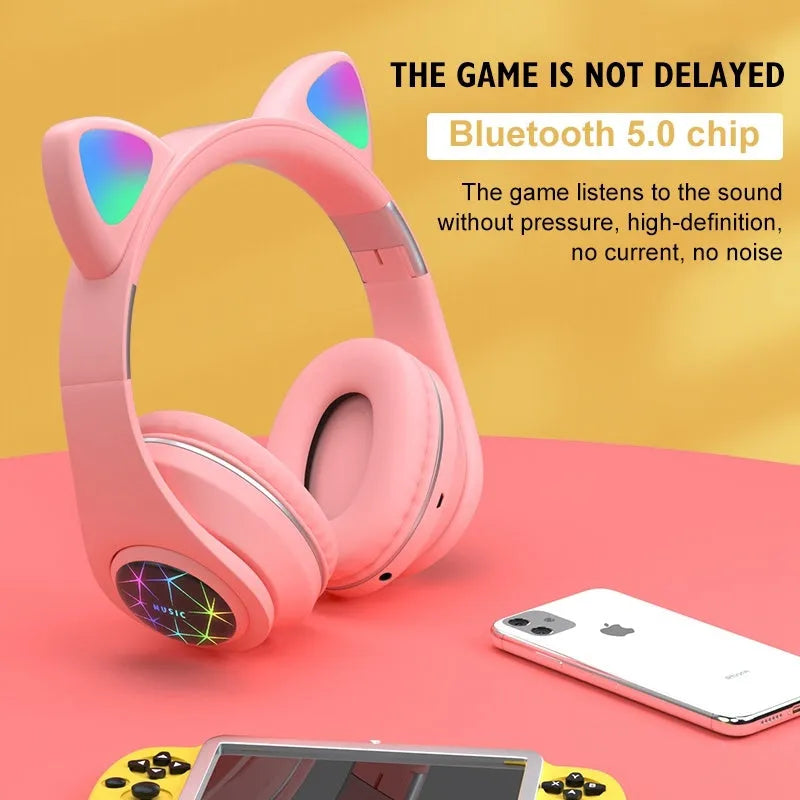 Cat ear styled wireless Bluetooth sports headset in various colours on display