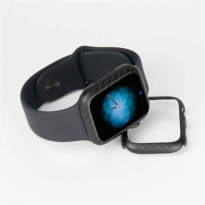 Apple Watch Series 4 carbon fibre half wrap leather case in 44mm size showing bright black and matt black colour options