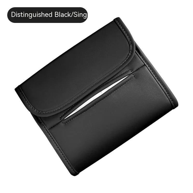 Leather car tissue box organiser with elastic band for sun visor or chair back mounting