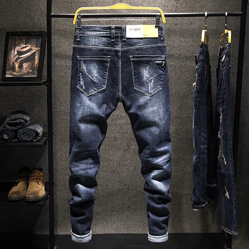 Men's slim-fitting skinny jeans in dark blue and light blue colours with micro-elasticity cotton denim