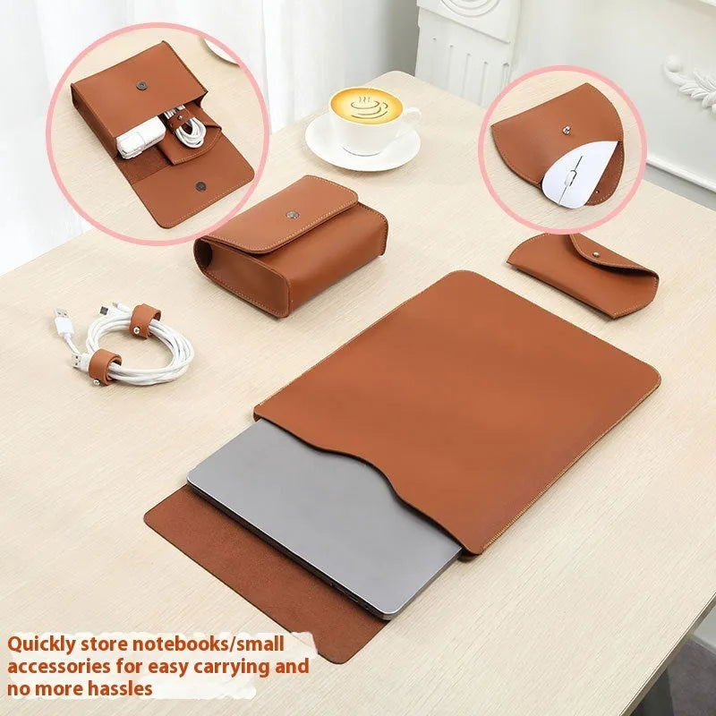 Set of four brown imitation leather lock edge protective sleeves for laptops and tablets.