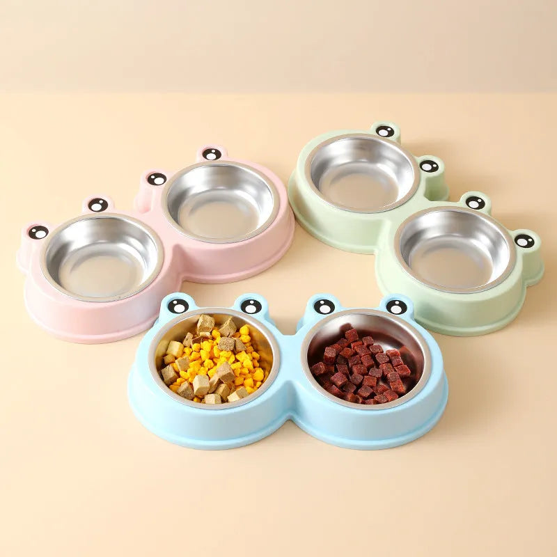 Stainless steel pet double bowl with frog design in blue, for food and water