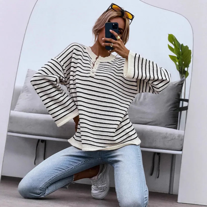 Women's black striped loose casual top with drop-shoulder long sleeves